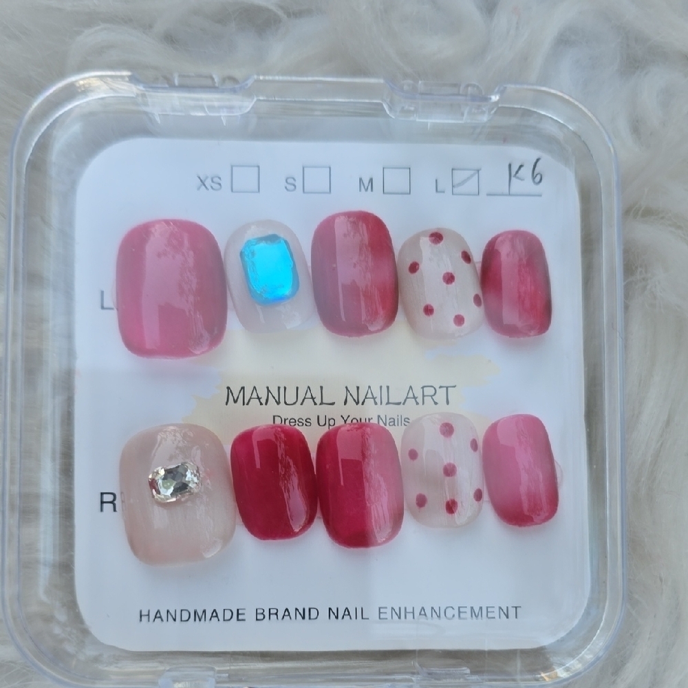 Handmade press on nails, red polka dot embellished  rhinestone extra short L